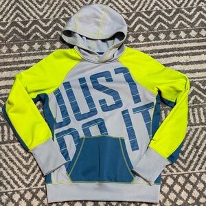 Gray, blue and lime Nike Hoodie with Bold Text